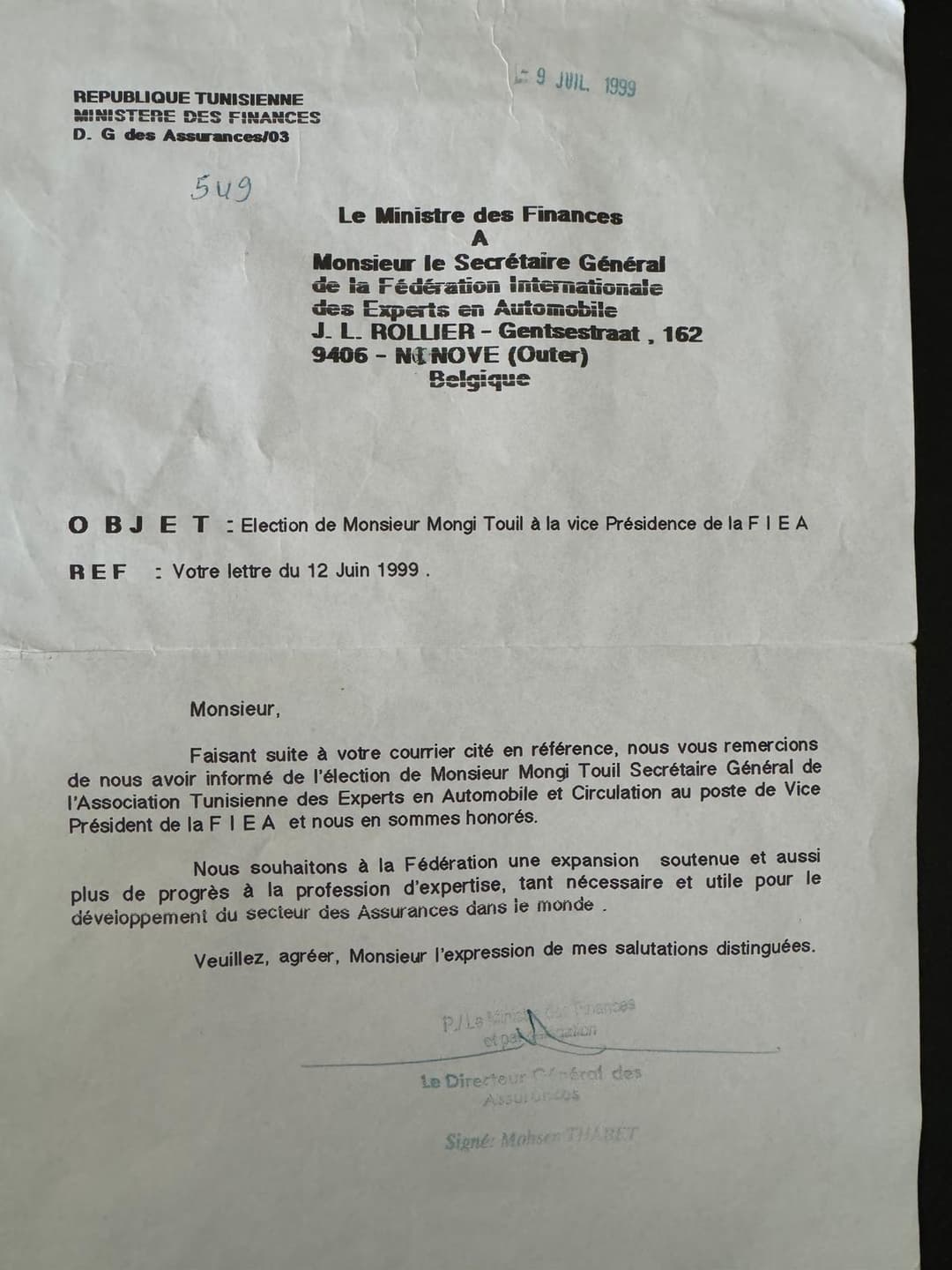 Lettre officielle du Ministre des Finances